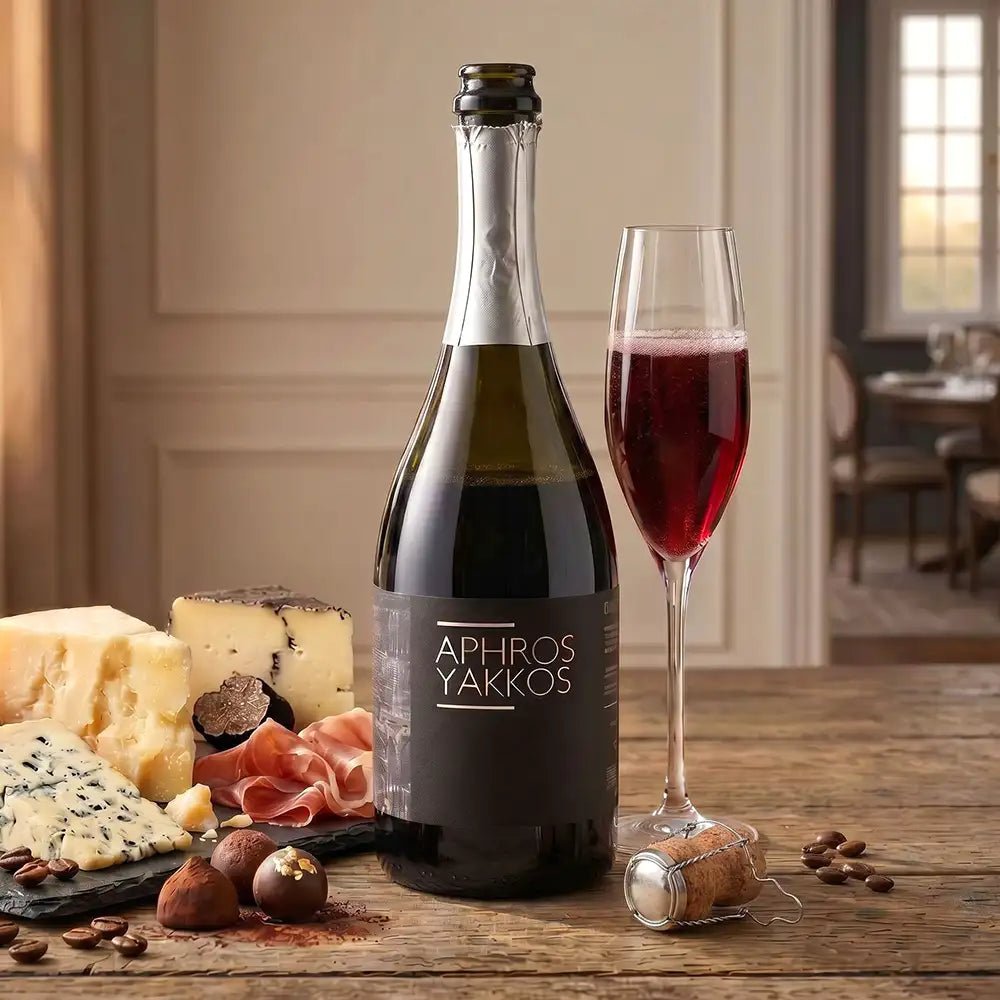 Bottle of Aphros Yakkos wine with a glass of red wine on a wooden table with cheese and nuts.