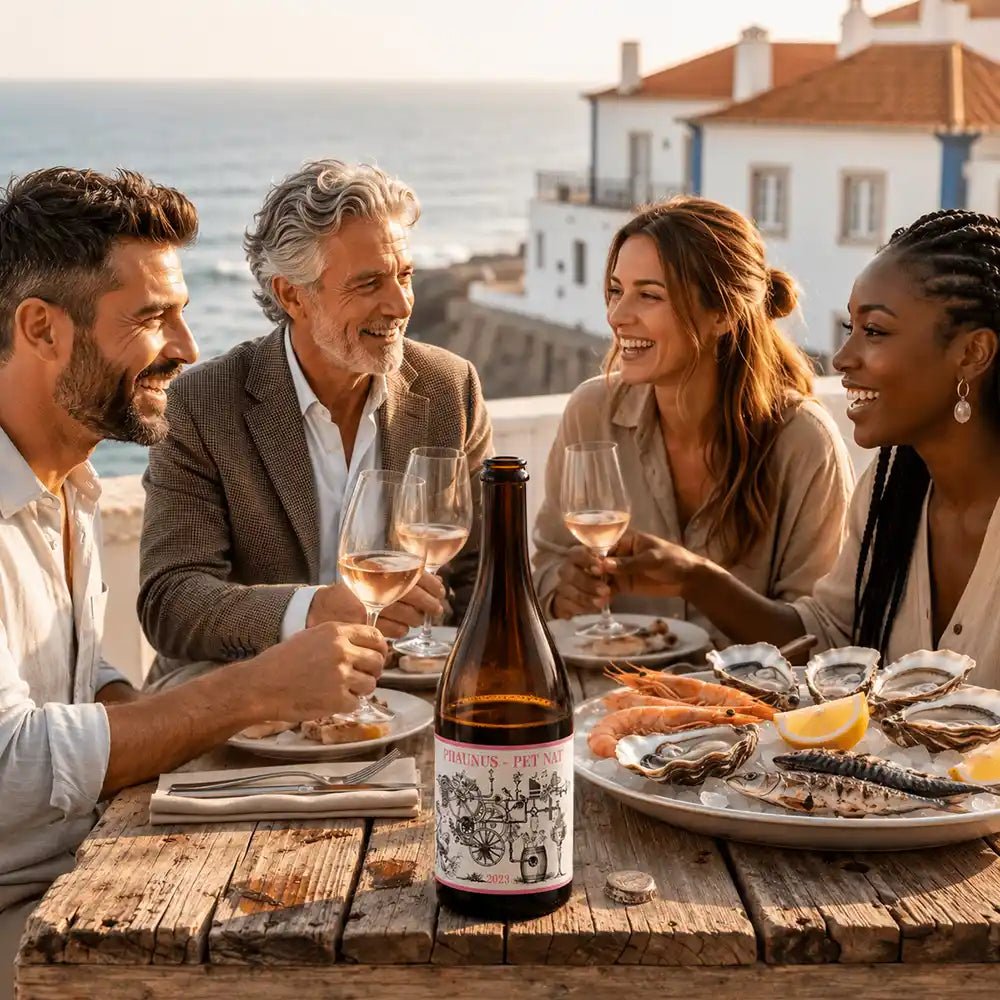 Group of people enjoying a meal with wine by the sea-aphros-phaunus-rose-pet-nat