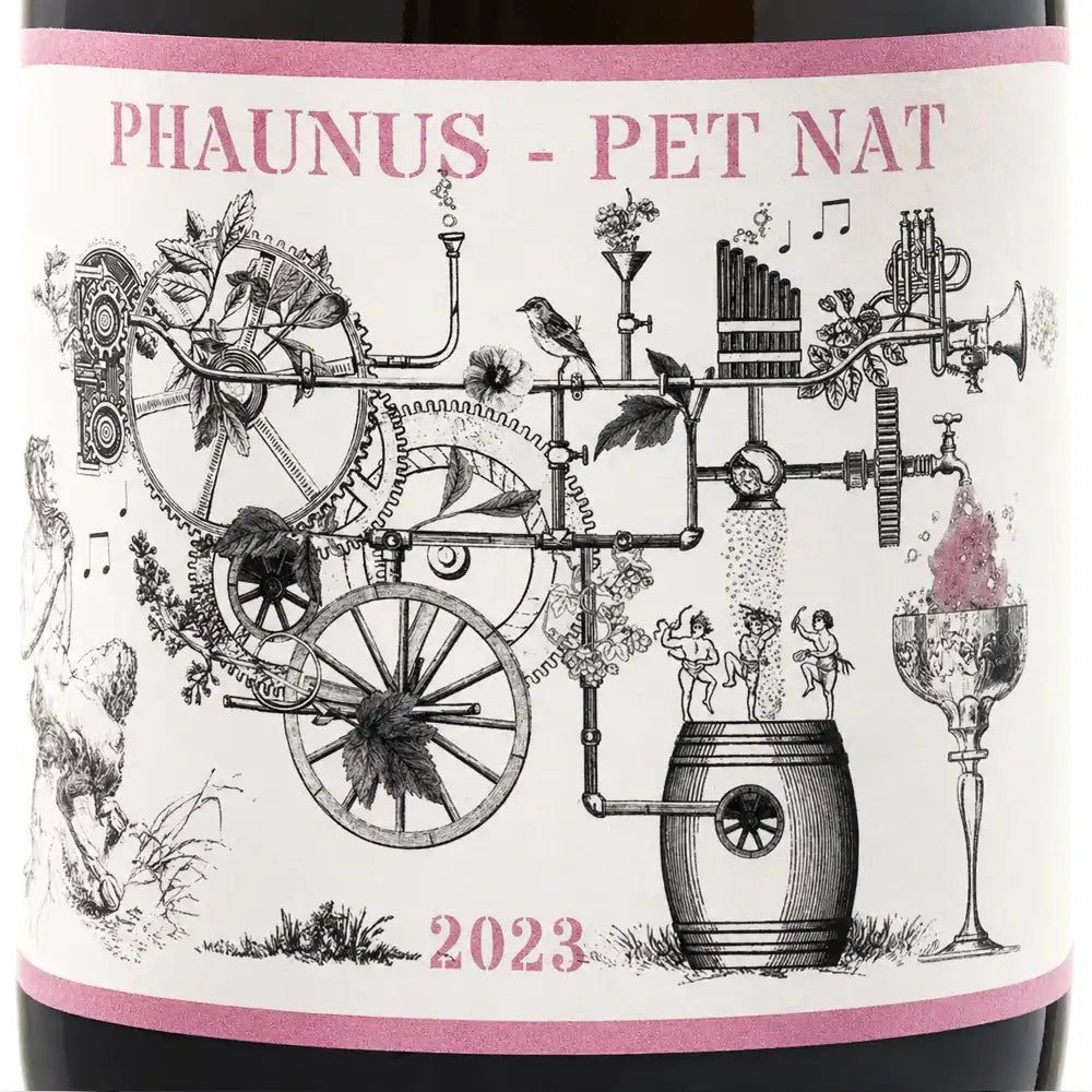 A close-up of a wine bottle label with the text 'PHAUNUS - PET NAT' at the top and '2023' at the bottom. The label features a detailed black-and-white whimsical illustration with gears, a bird, a barrel, figures, and a goblet, framed by pink bands at the top and bottom.

