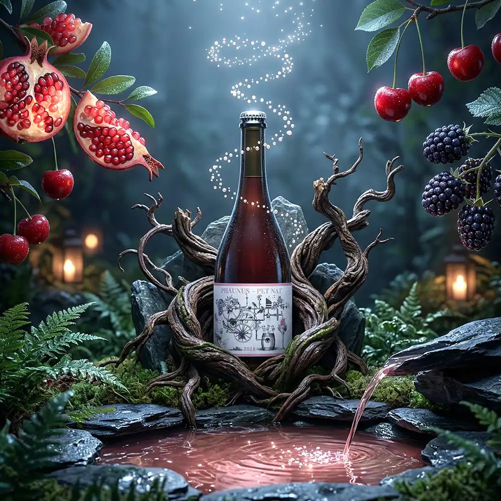 A dark glass bottle with a white illustrated label stands centered in a mystical forest setting, surrounded by gnarled tree roots, glowing lanterns, ferns, cherries, blackberries, and pomegranates. A pinkish liquid is shown flowing into a pool below the bottle.