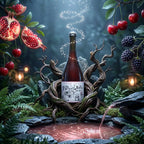 A dark glass bottle with a white illustrated label stands centered in a mystical forest setting, surrounded by gnarled tree roots, glowing lanterns, ferns, cherries, blackberries, and pomegranates. A pinkish liquid is shown flowing into a pool below the bottle.