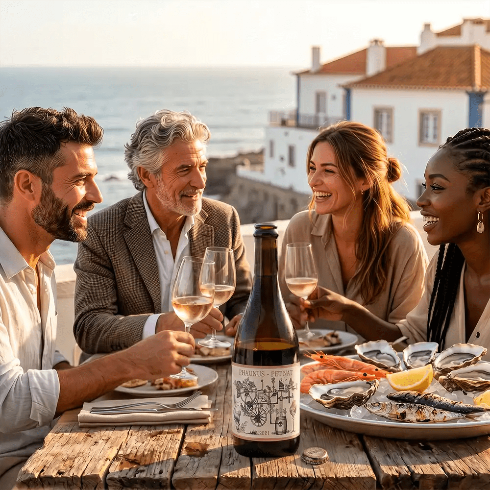 Four people enjoying a meal with wine and seafood by the sea.