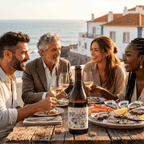Four people enjoying a meal with wine and seafood by the sea.