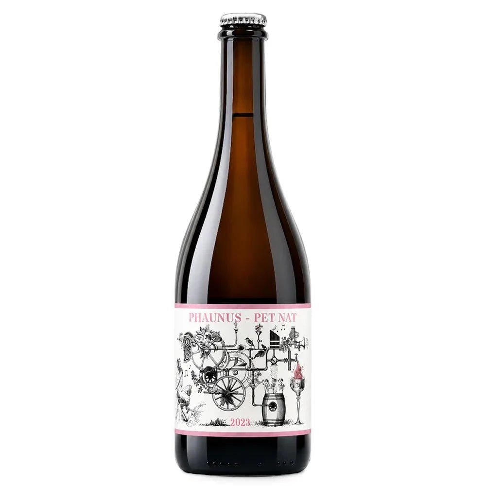An amber glass bottle of Phaenus Pet Nuy beer with a white label featuring black illustrations and pink text, set against a plain white background.