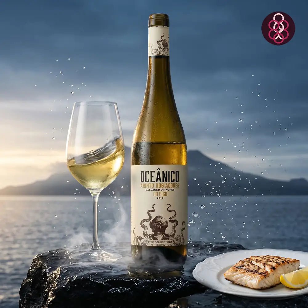 Oceánico white wine bottle with a glass and plate of food against a mountainous background