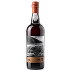 A bottle of Madeira 48-year-old white wine, featuring a dark glass bottle with a copper-colored foil seal and a black-and-white scenic label depicting a mountain and sea.