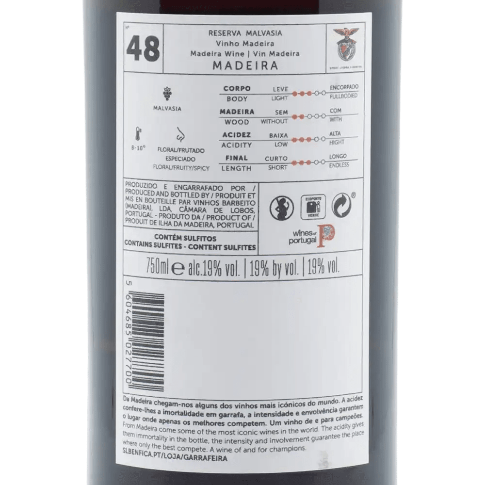 Madeira wine bottle label with text and symbols on a white background