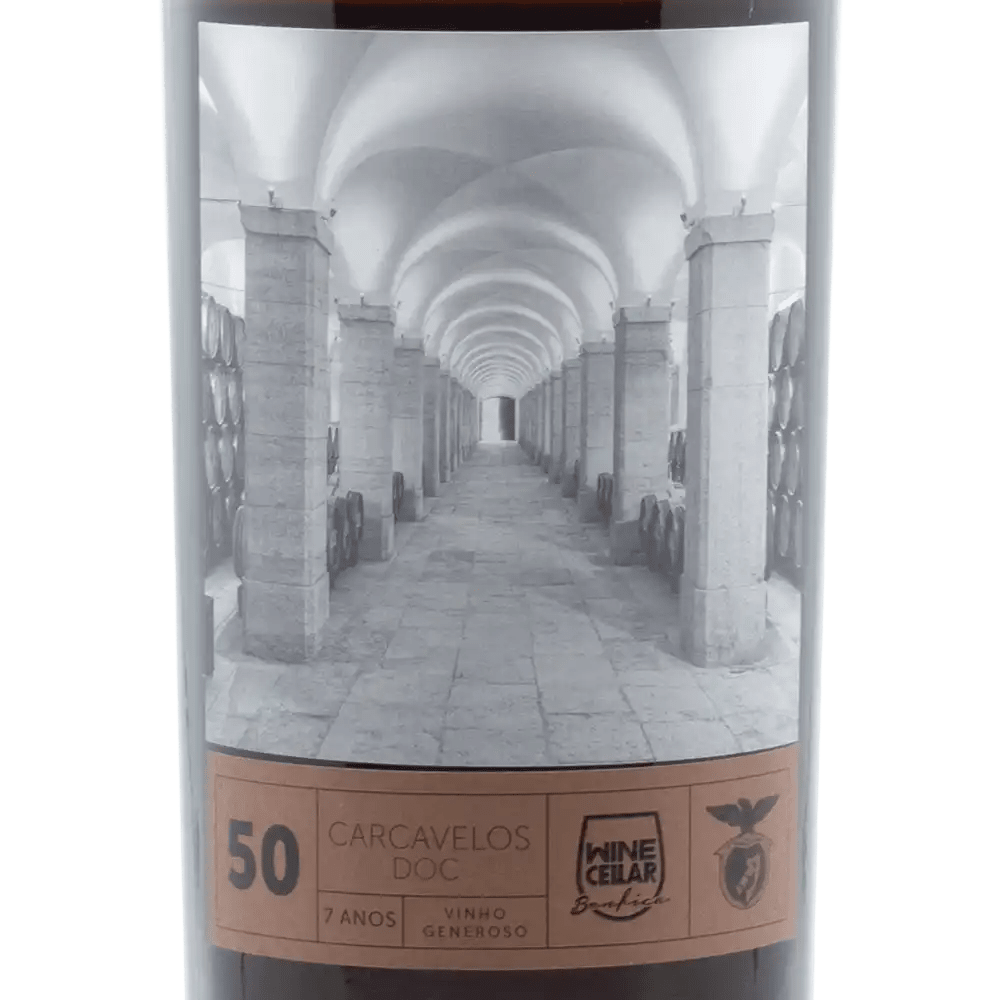 Wine bottle label with an architectural design and text on a white background
