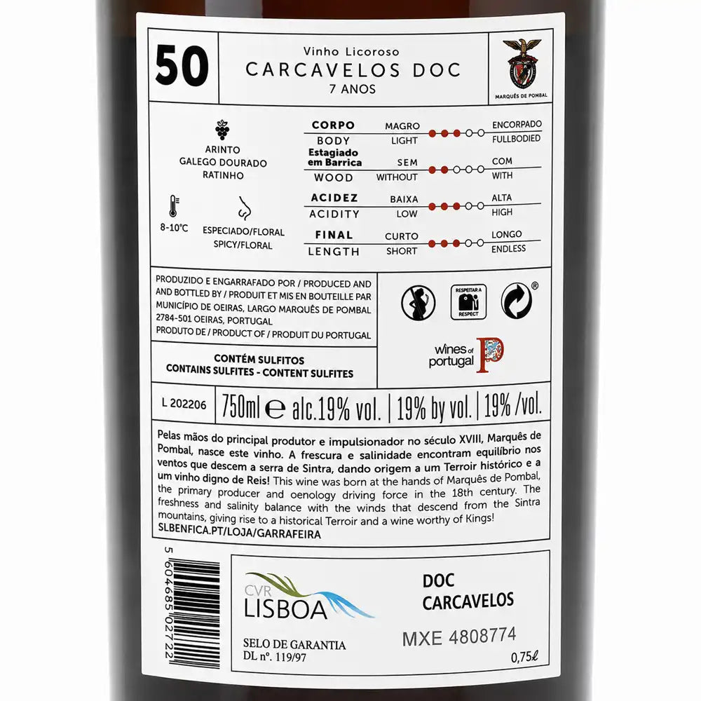 The back of a 750ml wine bottle from Doc Carcavelos, showing Portuguese wine regulations, ingredients, and production details on a white background.