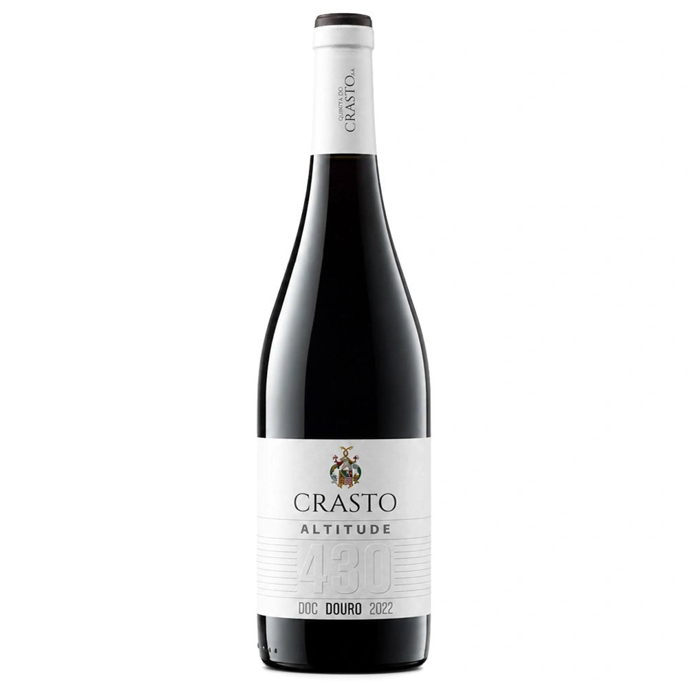 A bottle of Crasto Altitude DOC Douro red wine, featuring a dark glass bottle with a white label and white neck foil, set against a plain white background.