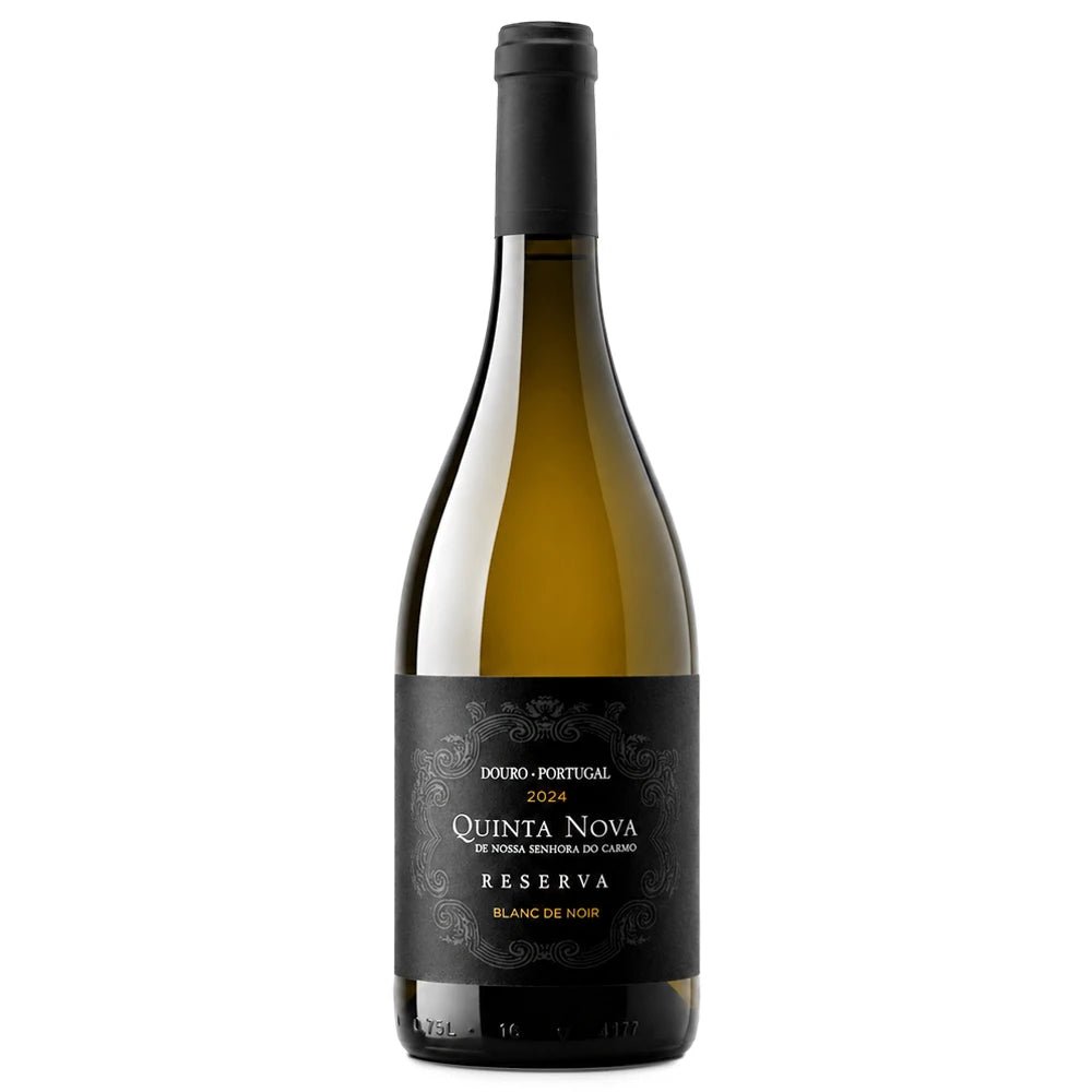 A bottle of Quinta Nova Reserva white wine from Douro, Portugal, featuring a dark black label with gold lettering and a black screw cap, set against a plain white background.