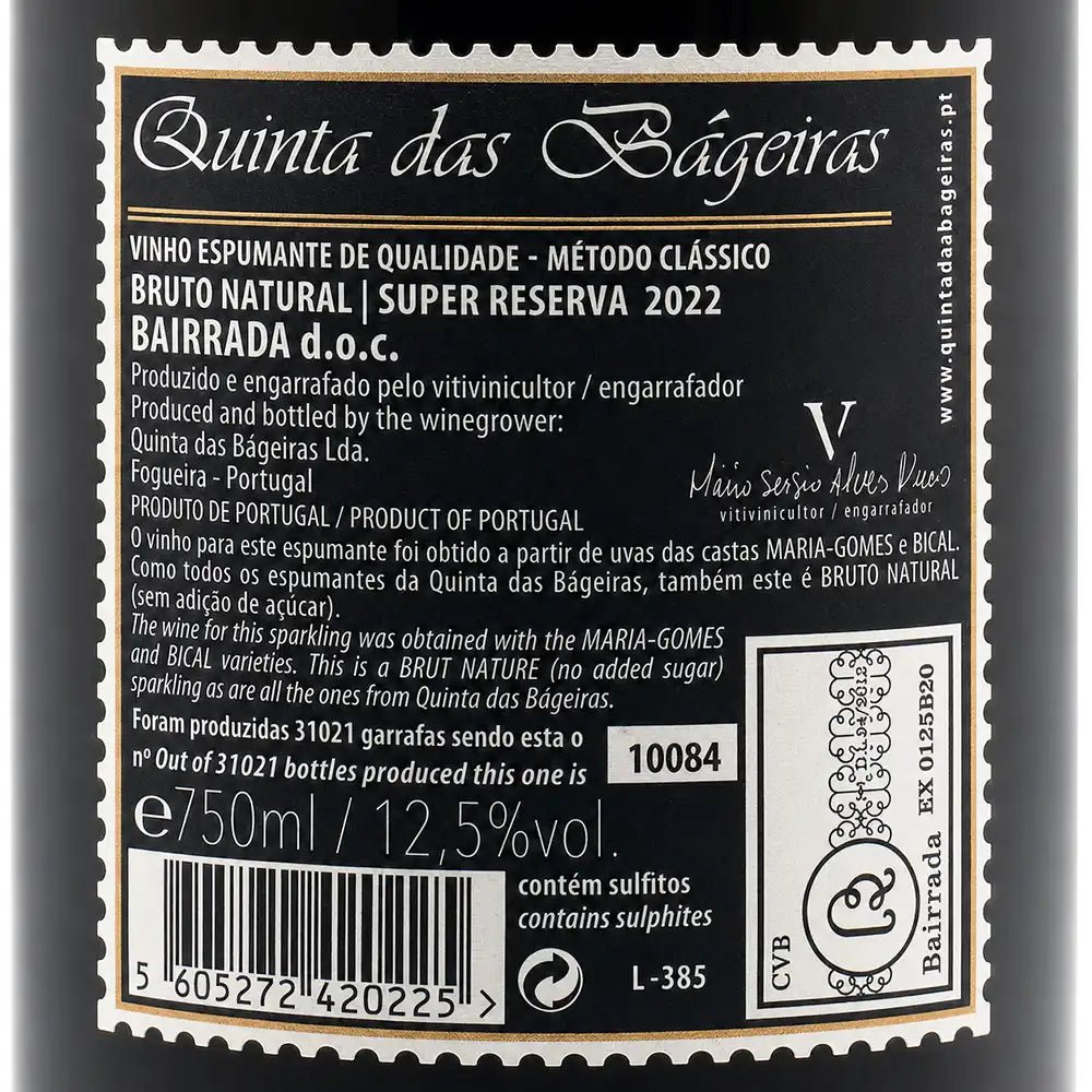 Close-up of a wine label reading 'Quinta das Bageiras' with Portuguese text, a barcode, and product details on a dark bottle background.