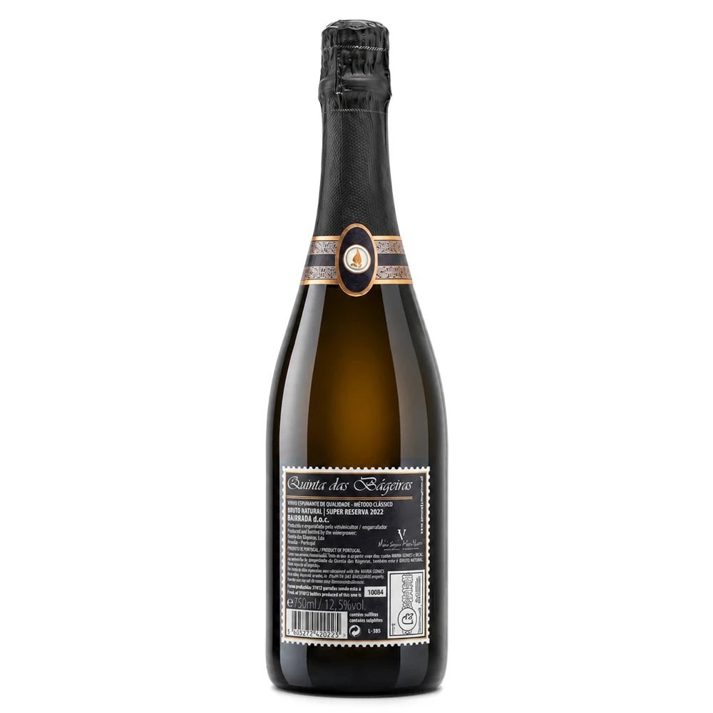 A bottle of Bageiras sparkling wine, featuring a dark brown glass bottle, black foil, and a black label with gold and white details