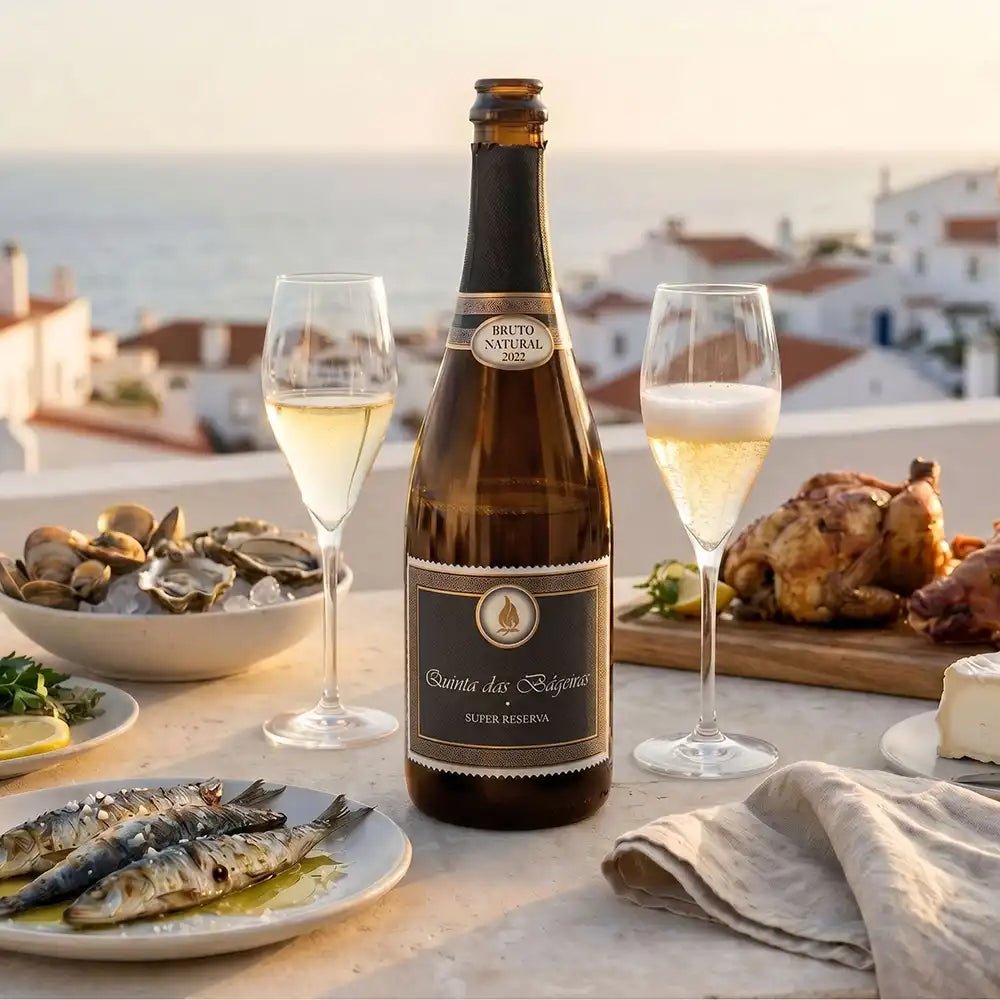 A bottle of Bageiras Nature Brut des Rivières sparkling wine with two filled champagne glasses, set on a table with seafood, roasted chicken, and a coastal town in the background.