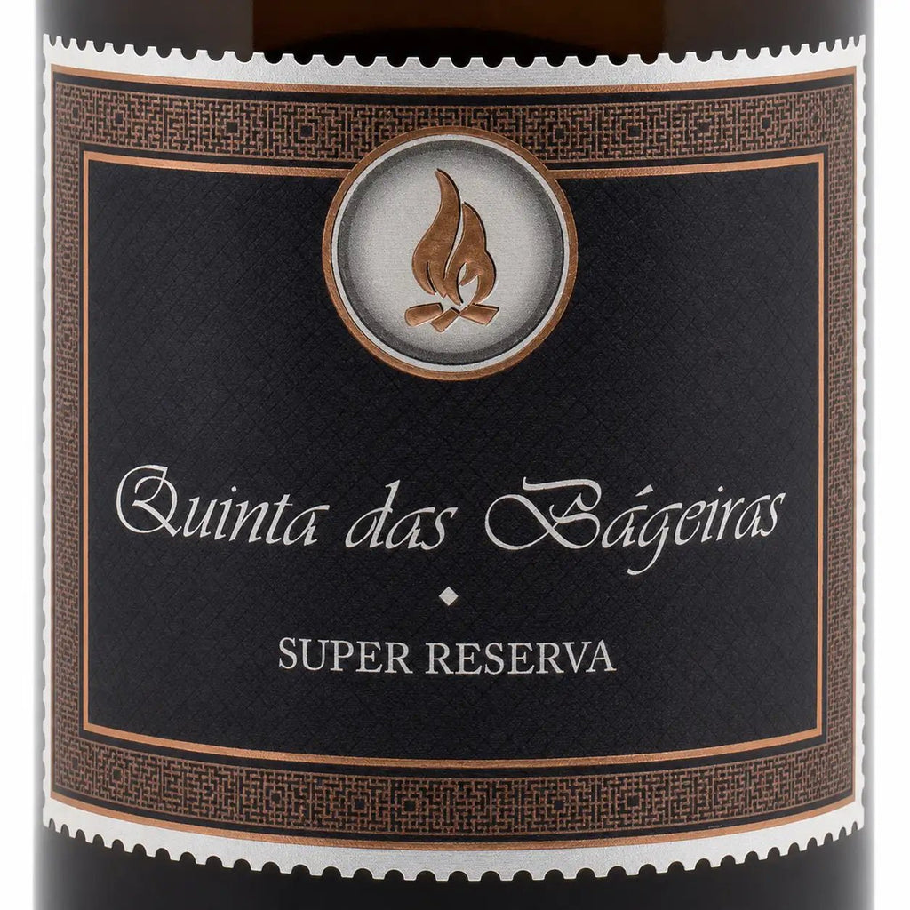 Close-up of a wine bottle label reading 'Quinta das Bageiras' and 'SUPER RESERVA' on a dark background with decorative border details.