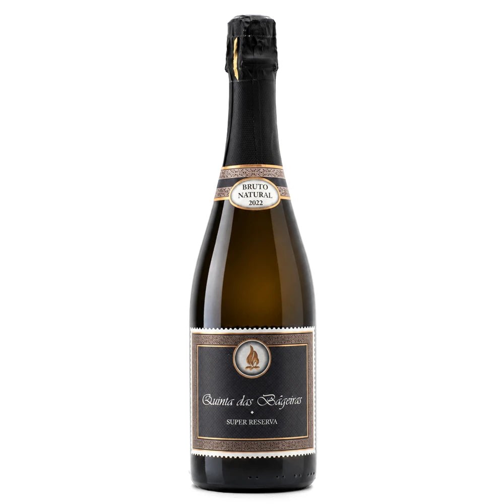 A bottle of Bageiras sparkling wine, featuring a dark brown glass bottle, black foil, and a black label with gold and white details, set against a plain white background.