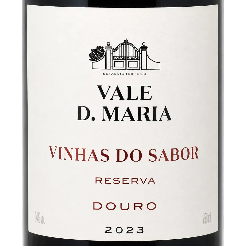 Close-up of a wine bottle label reading VALE D. MARIA, VINHAS DO SABOR, RESERVA, DOURO, 2023 on a white background.