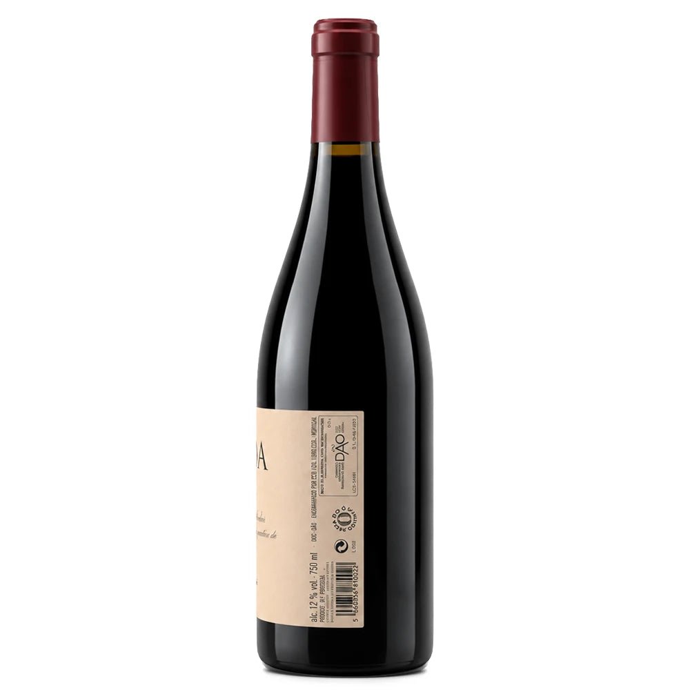 A single bottle of red wine with a dark glass body, a beige label, and a dark red foil capsule, shown against a plain white background.