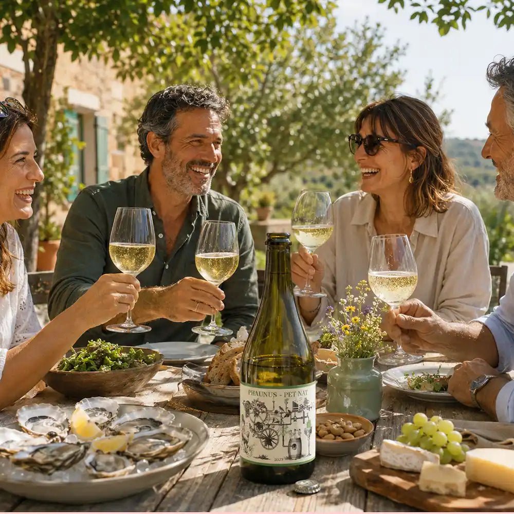 Four people laughing and toasting with white wine at an outdoor dining table, surrounded by oysters, cheese, grapes, and a bottle of wine with a visible label.
