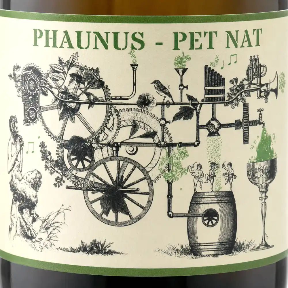 Close-up of a wine label reading 'PHAUNUS - PET NAT' with a detailed black line drawing on an off-white background, bordered in green, and a dark bottle neck visible above and below.