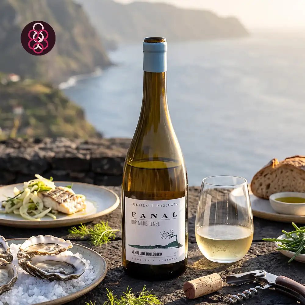 A bottle of FANAL White wine stands on a stone table beside a glass of pale wine, with plates of food and an outdoor coastal landscape in the background. The FANAL logo appears in the upper left corner.