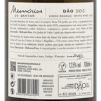 The back label of a bottle of 'Memórias de Santar' white wine, showing the Portuguese text, barcode, QR code, and regulatory seals.