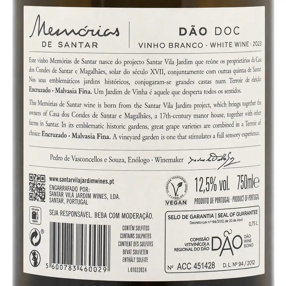 The back label of a bottle of 'Memórias de Santar' white wine, showing the Portuguese text, barcode, QR code, and regulatory seals.