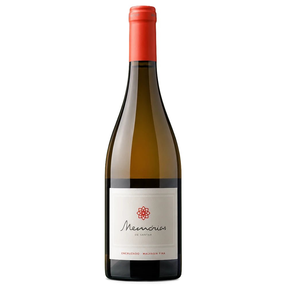 A bottle of Memórias de Santar white wine, featuring a dark glass bottle with a vibrant red-orange foil capsule and a clean white label with red and black text.