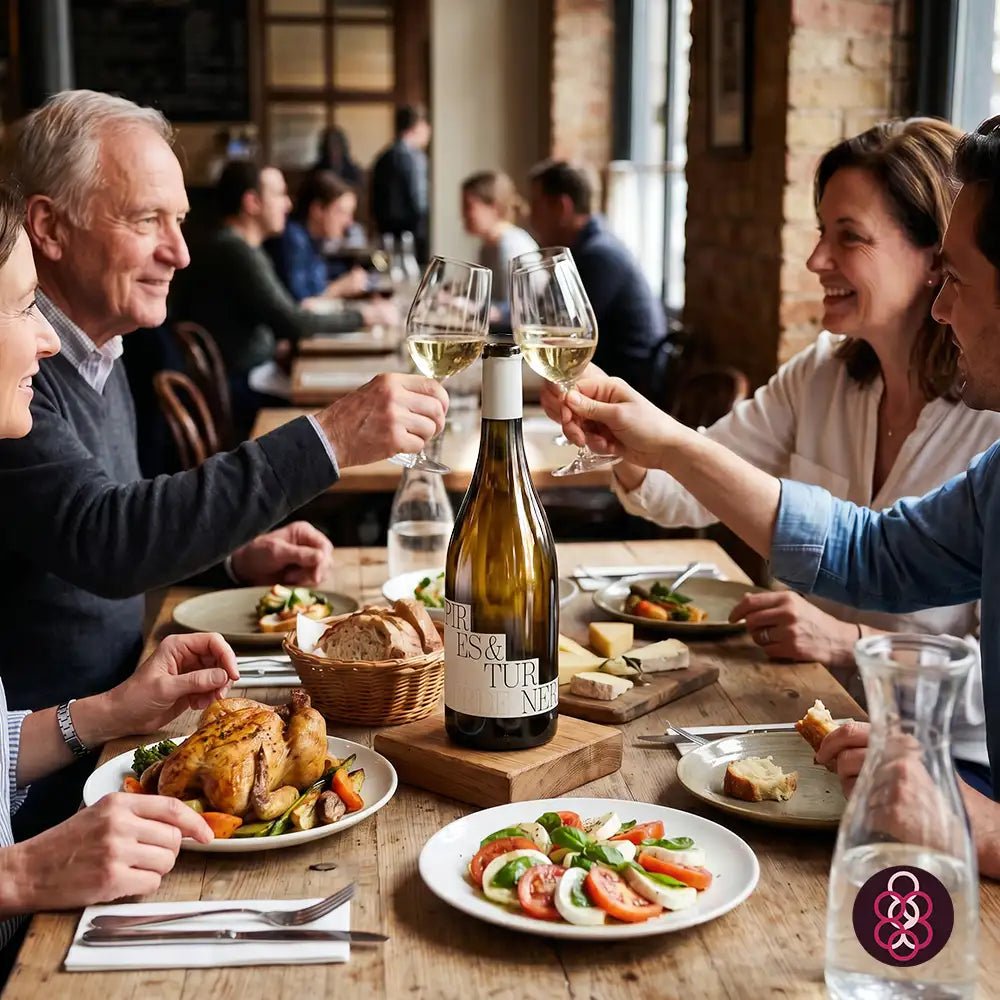 A group of people dining together in a restaurant or cafe setting, clinking wine glasses around a bottle of white wine on a wooden table with plates of food.