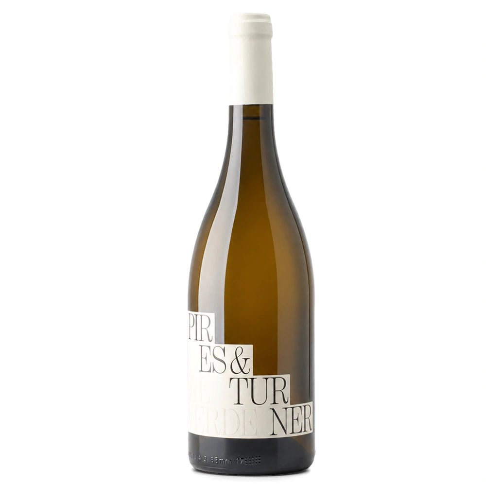 A single bottle of white wine in an amber glass bottle with a white capsule and a white label featuring black text, set against a plain white background.