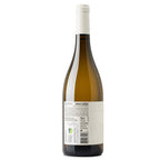 A bottle of Vinho Verde white wine shown from the back, featuring an olive-green glass bottle, a white paper label with text and barcodes, and a white screw cap, set against a plain white background.