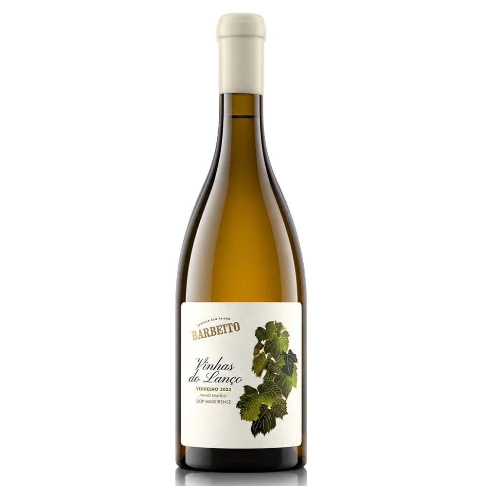 A bottle of Barbetto Vinhas do Lauce Non-Alcoholic White Wine, featuring an olive-green wine glass shape, a cream-colored foil top, and a white label with green grape illustrations.