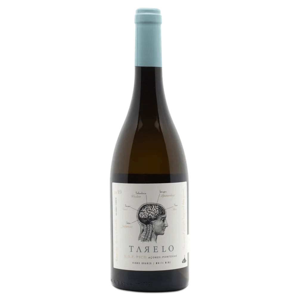 Tarelo white wine bottle with a label featuring a profile of a head and brain
