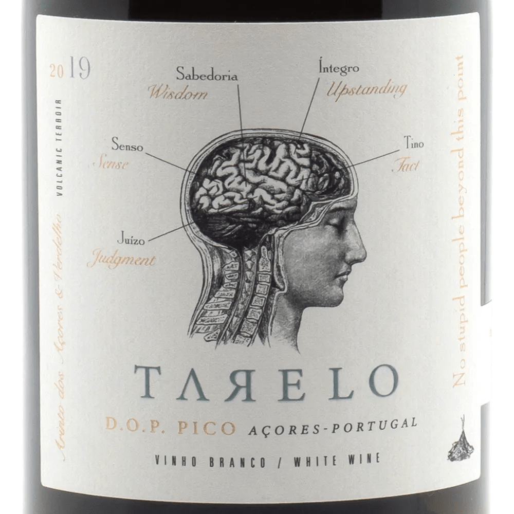 Tarelo wine label with a brain illustration and text on a white background