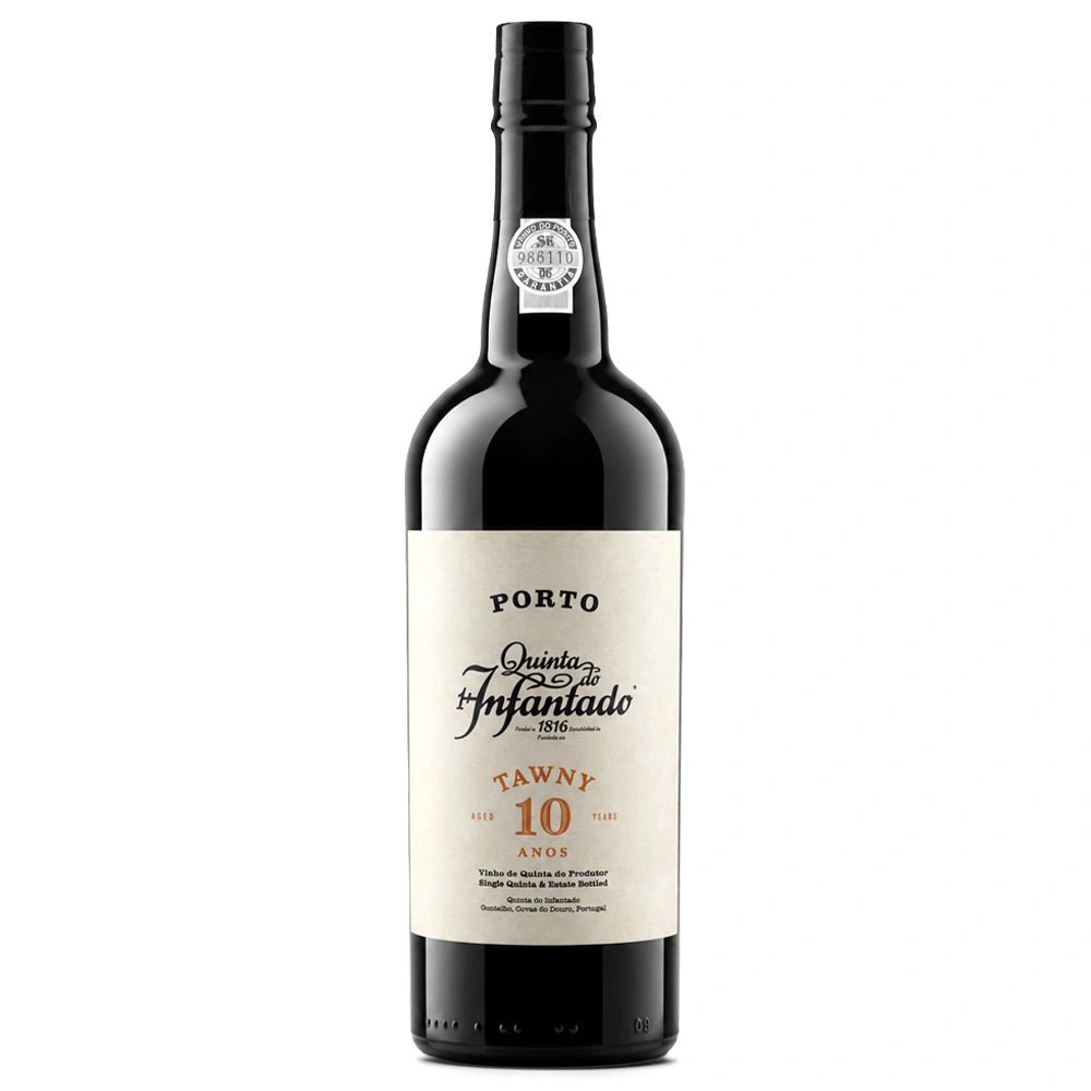 A bottle of Quinta do Infantado Tawny 10 Year Old Port wine featuring a dark glass bottle with a cream-colored label and a black screw cap, set against a plain white background.