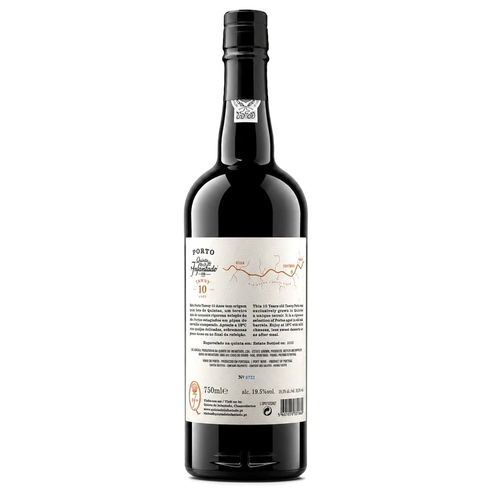 A bottle of Quinta do Infantado Tawny 10 Year Port Wine, showing the back label and dark glass bottle against a plain white background.