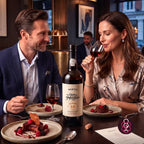 A man and a woman seated at a restaurant table sharing a bottle of Porto wine and glasses of red wine, with plated desserts in the foreground. The bottle label reads 'Quinta do Infantado Tawny 10 Year'.