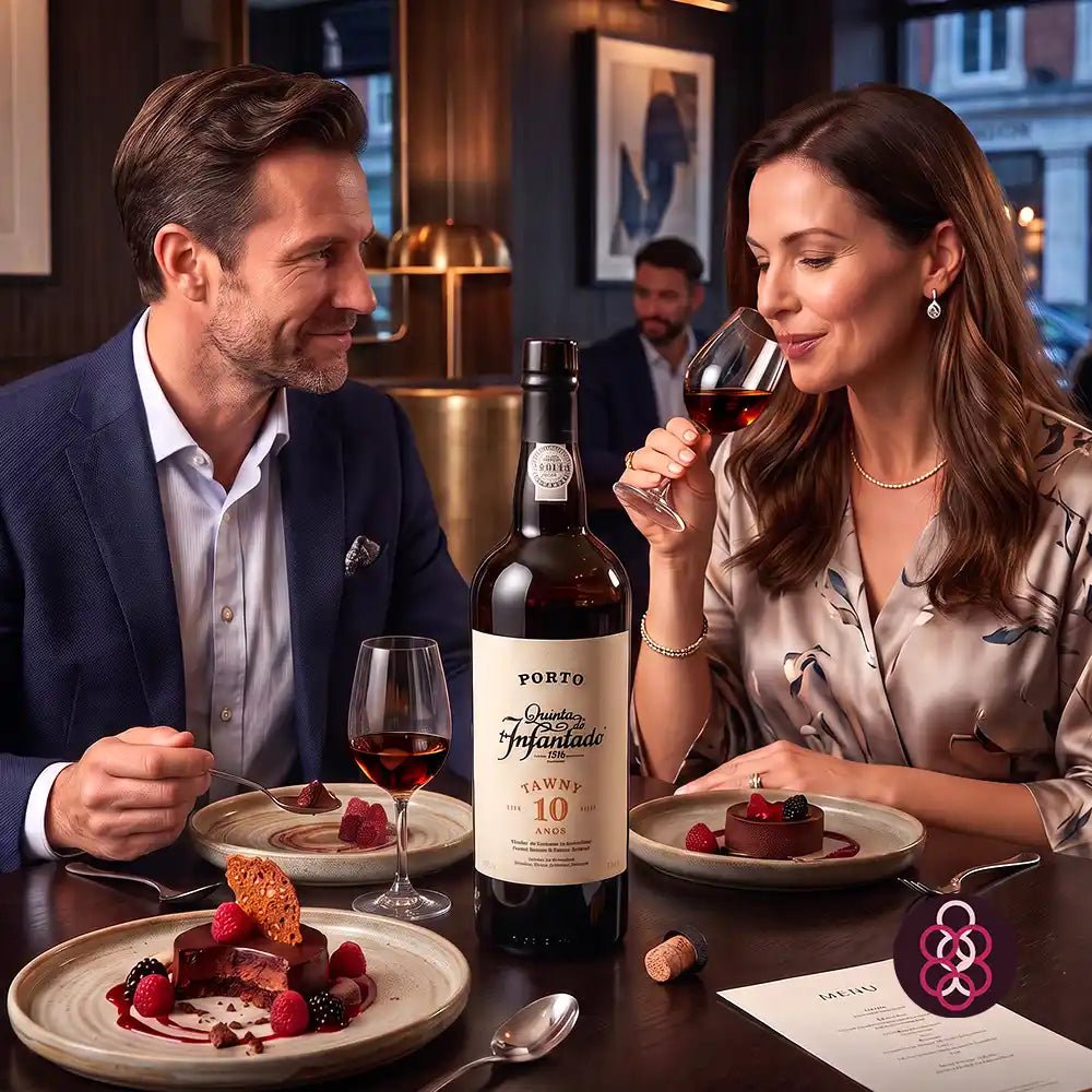 A man and a woman seated at a restaurant table sharing a bottle of Porto wine and glasses of red wine, with plated desserts in the foreground. The bottle label reads 'Quinta do Infantado Tawny 10 Year'.