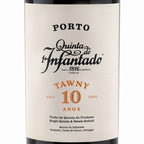 Porto Quinta do Infantado Tawny 10 Years wine bottle label, featuring black and orange typography on an off-white background.