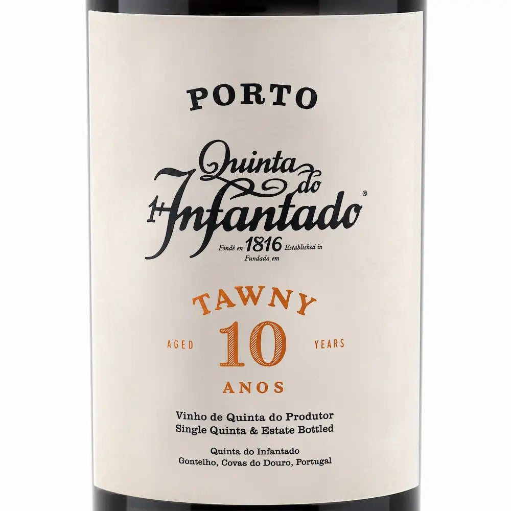 Porto Quinta do Infantado Tawny 10 Years wine bottle label, featuring black and orange typography on an off-white background.