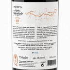 The back of a 750ml wine bottle label for Porto Tawny 10 Years Old, showing product details, ingredients, and a barcode on a white background.