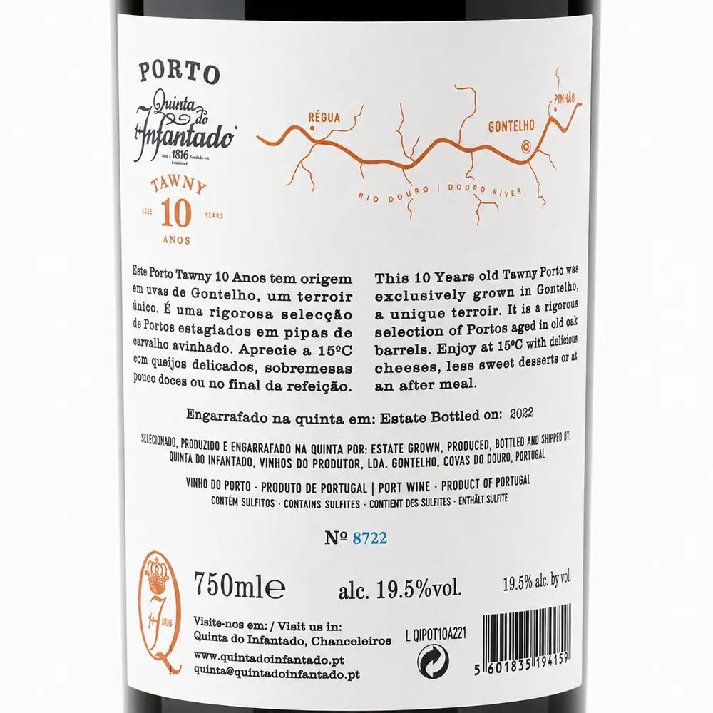 The back of a 750ml wine bottle label for Porto Tawny 10 Years Old, showing product details, ingredients, and a barcode on a white background.
