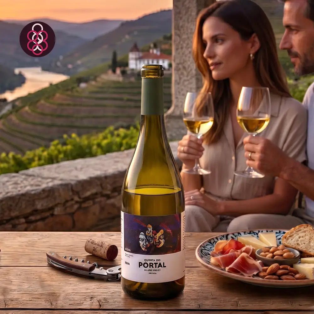 A bottle of Portal Reserva white wine stands on a wooden table in front of a couple holding wine glasses, with a vineyard landscape at sunset in the background. A corkscrew and a plate of food are also on the table.