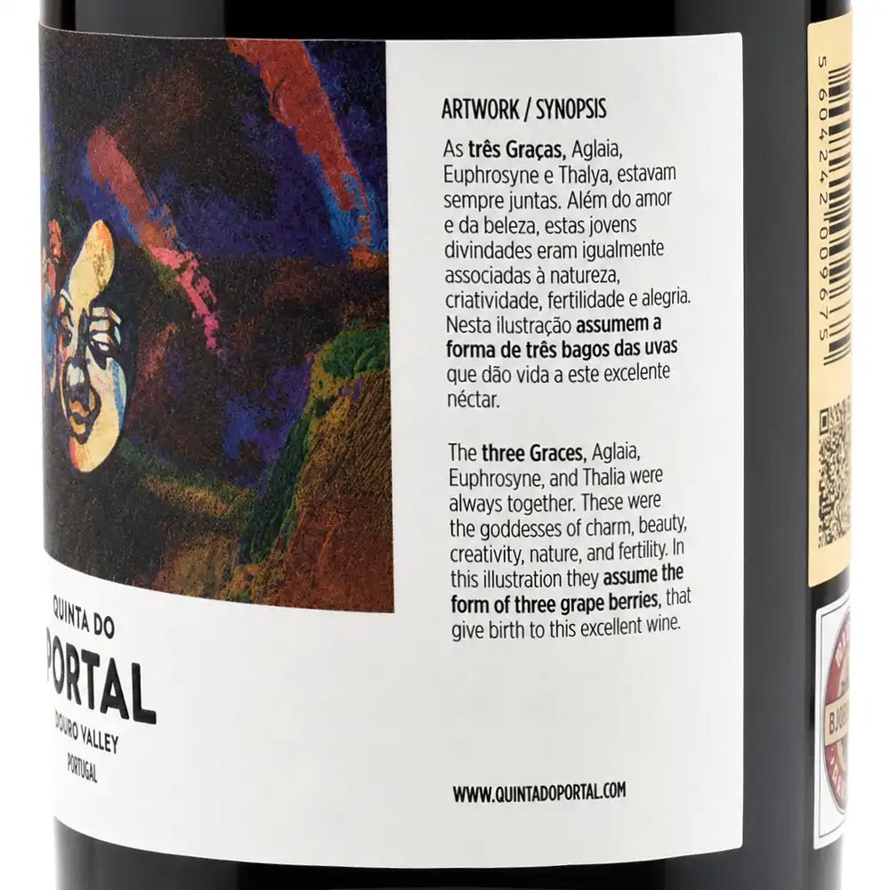 Portal-white. Close-up of a white wine bottle label with Portuguese and English text and an abstract dark artwork featuring a face, plus a partial side view of the bottle showing a gold band and barcode.