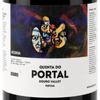 Close-up of a wine label for Quinta do Portal Douro Valley, Portugal, featuring an abstract multicolor artwork with stylized faces on a dark background and a white lower section with black text.