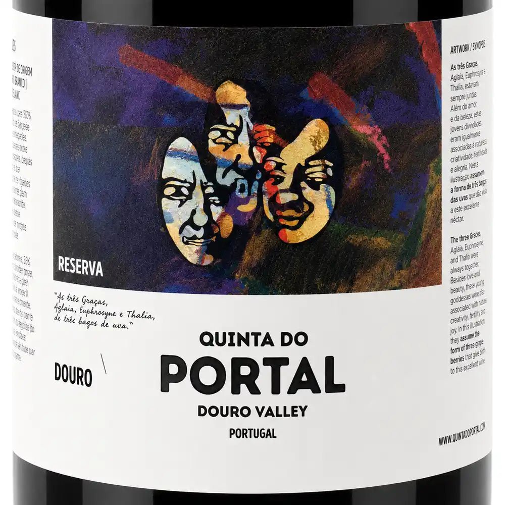 Close-up of a wine label for Quinta do Portal Douro Valley, Portugal, featuring an abstract multicolor artwork with stylized faces on a dark background and a white lower section with black text.