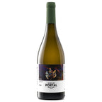 A bottle of Quinta do Portal white wine from the Douro Valley, featuring a dark green foil-wrapped neck, a white label with a colorful abstract illustration, and a black base, set against a plain white background.