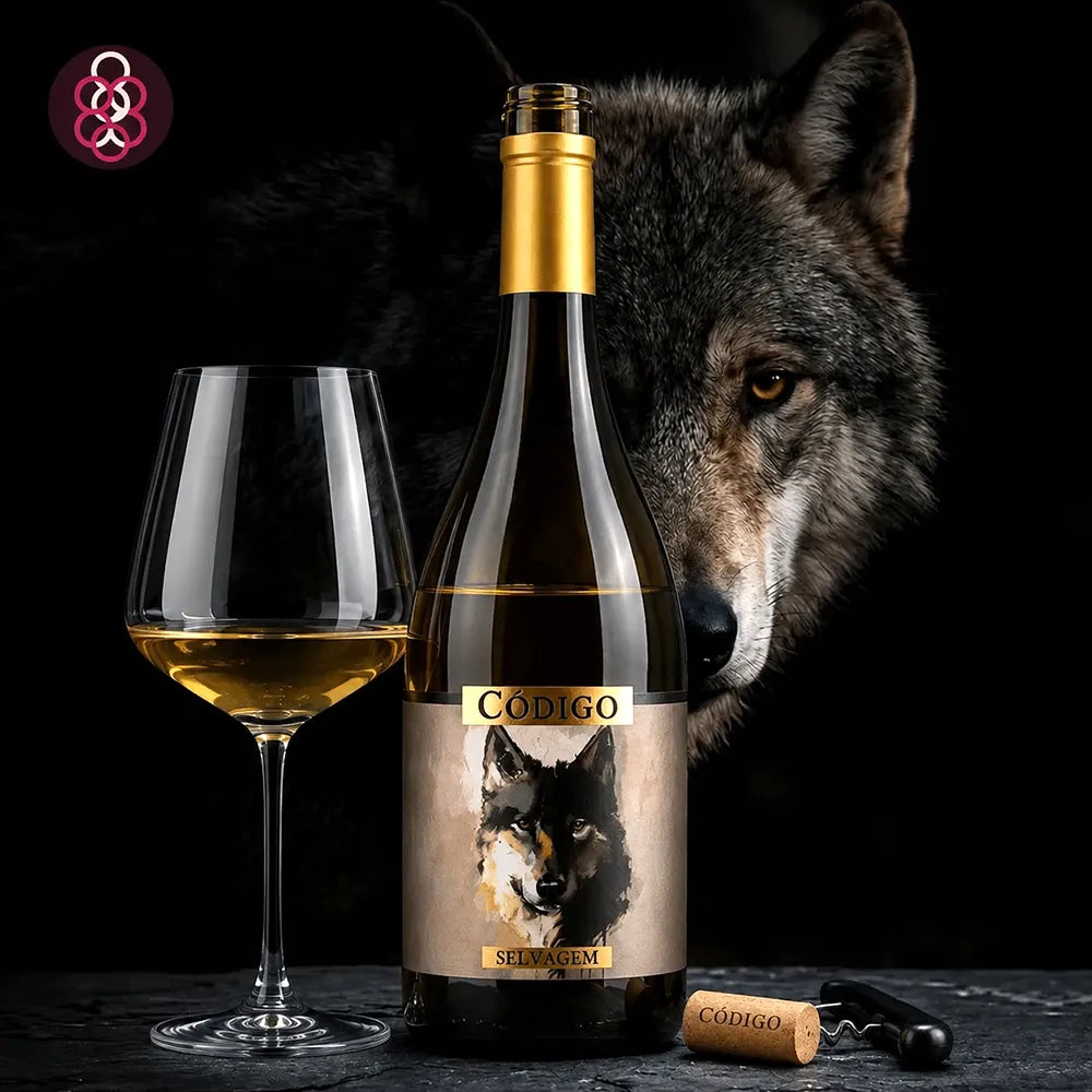 A bottle of Código Selvagem white wine with a wolf graphic on the label, shown next to a filled wine glass and a cork with a corkscrew on a dark surface, with a large wolf head in the background.