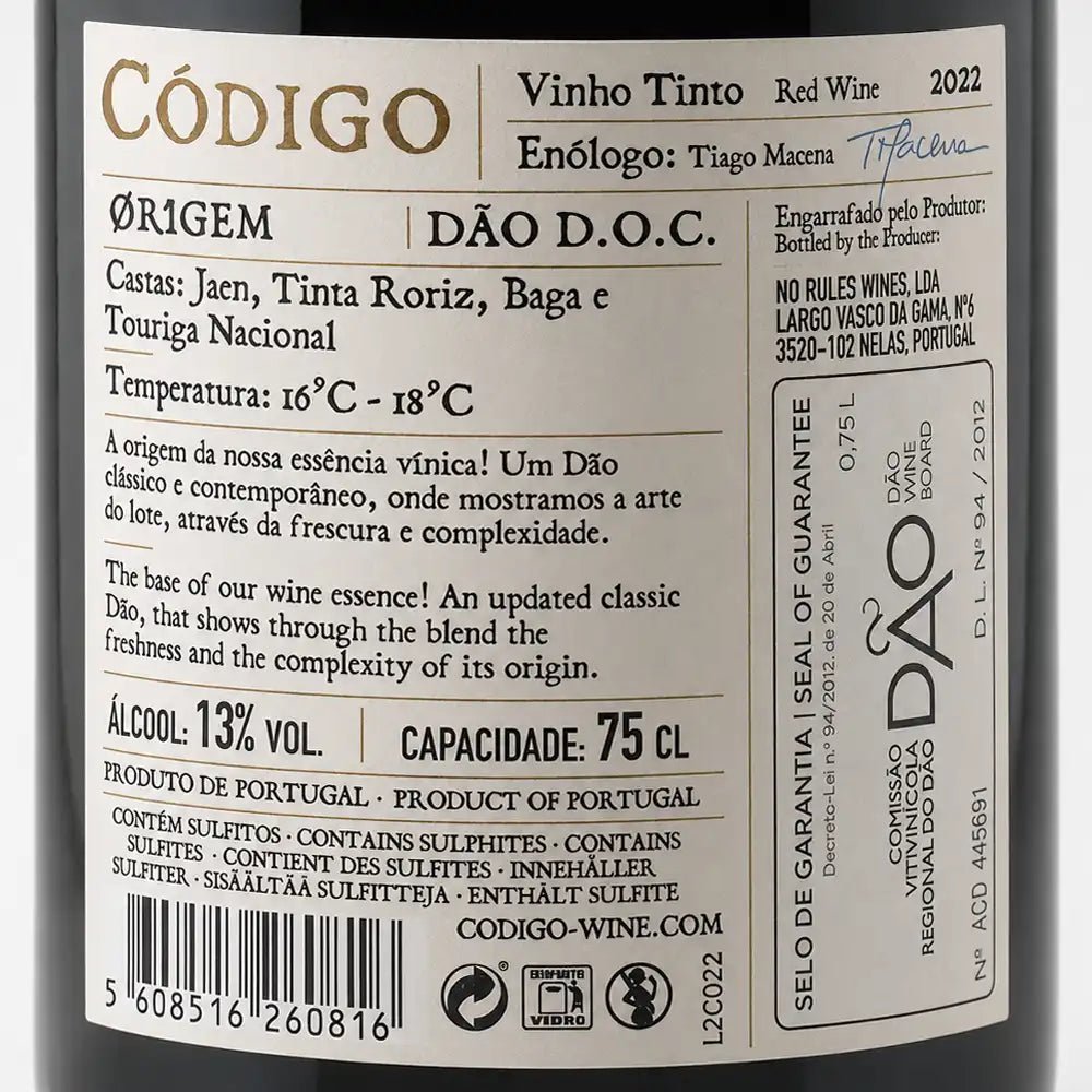 A close-up of a wine label for Codigo-origem Dão D.O.