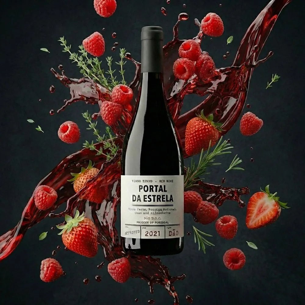Wine bottle labeled 'Portal da Estrela' red winesurrounded by raspberries and strawberries on a dark background